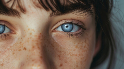 A close up of a woman s face with blue eyes and brown hair. high quality