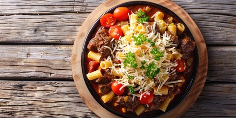 Savory beef stew topped with pasta, tomatoes, and cheese, perfect for lunch or dinner, seen from an aerial view.