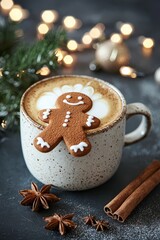  A cup of cappuccino topped with a decorative ginger and accompanied by cinnamon sticks