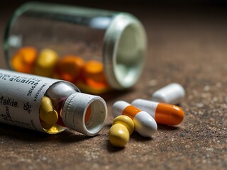 Assorted pills and capsules beside an open medicine bottle on a textured surface.