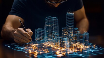 A male designer is drawing an architectural model of the city on holographic film, with three-dimensional buildings glowing in neon light blue and gold tones around him. The background features dark b