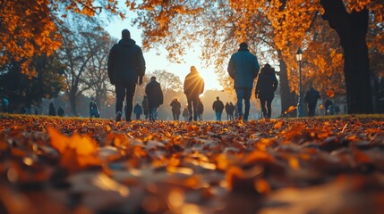 Poster - A group of people walking in a park with leaves on the ground