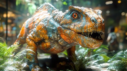 Wall Mural - Close-Up of a Realistic Dinosaur Model in a Lush Jungle Setting