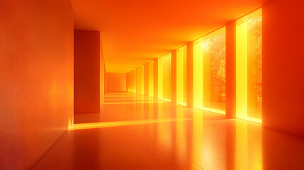 Sticker - Orange Corridor With Windows: Sunlight Streaming Through Glass Walls, Modern Architecture