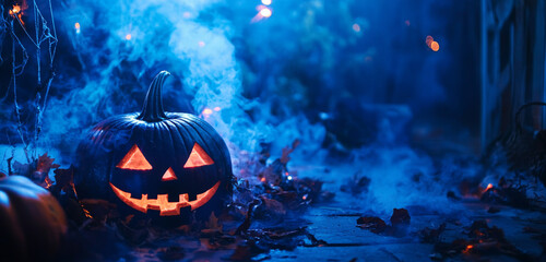 Mysterious glowing pumpkin among autumn leaves and mist on a spooky Halloween night