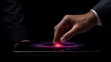 Digital Touch: A businessman's hand interacts with a glowing holographic interface on a sleek tablet, symbolizing innovation and technological advancement.  