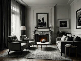 Black-and-white sketch of a classic elegant living room.