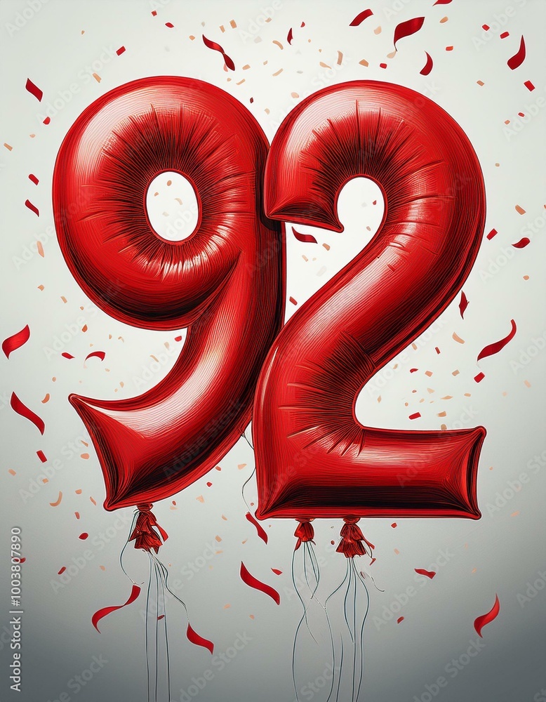 Red birthday / anniversary balloon, number 92, white background with ...