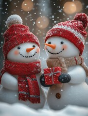 Two cute snowmen exchanging gifts in the winter christmas landscape, festive and heartwarming scene, Merry christmas and happy new year greeting card.