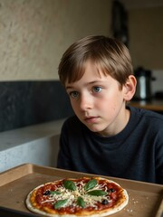 Boy staring at raw pizza on a baking tray.