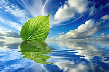 Long shot reflection of green leaf and cloudy sky on water ripple abstract nature background