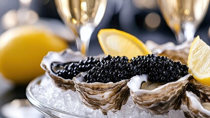 Sticker - Exotic black caviar on oysters served on ice with lemon wedges, champagne glasses in the background