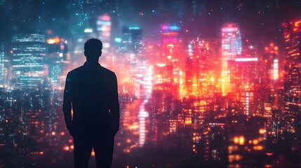 Colorful silhouette of a man against a futuristic urban landscape, neon lights, glowing holographic displays, tech-infused atmosphere