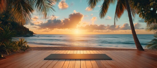 Wall Mural - Tranquil Beach Yoga Mat at Sunrise with Palm Trees and Ocean View