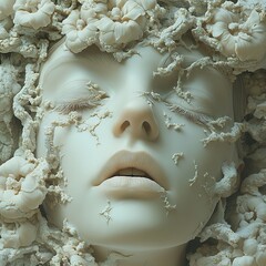 Poster - Surreal Floral Portrait: Woman's Face Embraced by White Blossoms