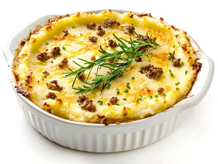 Hearty Rustic Shepherd s Pie with Golden Mashed Potatoes Served in White Dish on Isolated Background