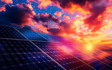 vibrant sunset over solar panels, showcasing renewable energy in a vivid sky, ideal for environmenta