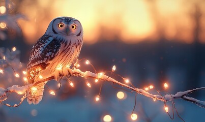 A captivating image of a wise owl perched on a snowy branch, wrapped in a sparkling garland of light