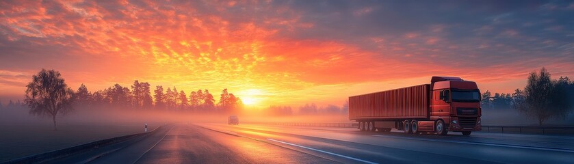 Wall Mural - Stunning Sunrise Over Highway with Red Truck and Misty Landscape in the Background