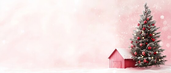  A tiny Christmas tree against a pink backdrop, featuring a diminutive red house beneath it at its base