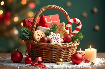 Wall Mural - basket with christmas ornaments and cookies on green festive background