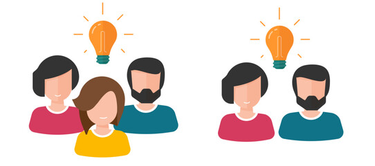 Wall Mural - Team expert insight idea icon vector flat cartoon graphic illustration, entrepreneurship people lightbulb as group collective teamwork brainstorm solution, family of couple innovation thinking image
