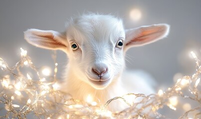 An adorable close-up of a baby goat wrapped in a shimmering garland