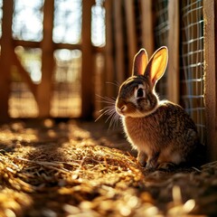 A cute rabbit sitting in a rustic setting surrounded by straw and wooden fences, basking in warm sunlight.