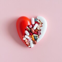 A heart-shaped capsule split in half, filled with colorful pills against a pink background.