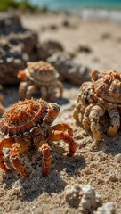 Wall Mural - Close-up of a hermit crab family on a scenic coral beach.