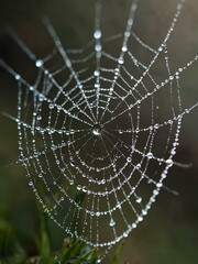 Wall Mural - Close-up of a spider web adorned with dew drops.