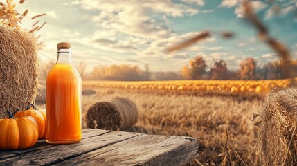 Wall Mural - A cozy autumn scene featuring a bottle of pumpkin juice on a wooden table