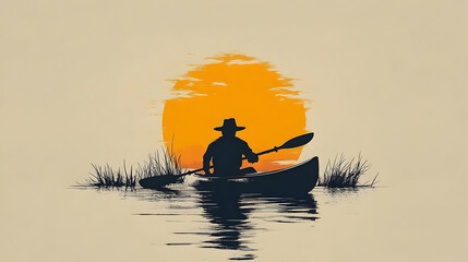 Sticker - Silhouette of a Man Kayaking at Sunset