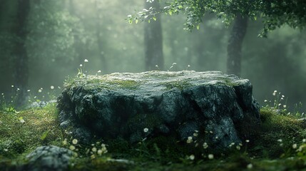 Poster - Moss Covered Stone in a Misty Forest