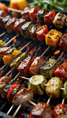 Close-up skewers loaded with meats and vegetables grill over hot coals, evoking the joy of summer barbecues.