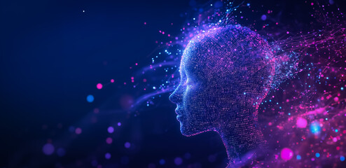 Digital representation of a futuristic artificial intelligence profile made of binary code and glowing data points.
