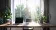 © DBFilms - Cozy home office with a laptop, surrounded by plants, ideal for remote work and productivity in a comfortable and relaxing setting with natural light.