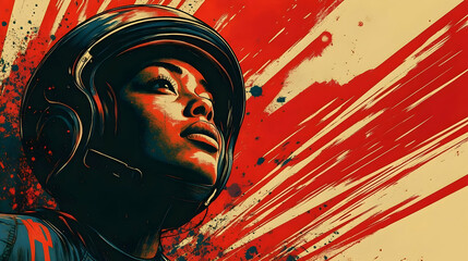 Wall Mural - A Woman in a Helmet Looks Upwards with Hope in Her Eyes