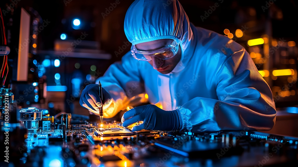 Technicians Working on Circuit Board in a Lab