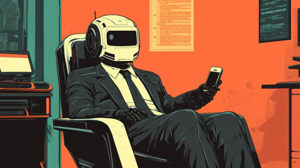 Wall Mural - the businessman passed away at work, but his robot chair keeps working for him, even answering messa