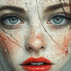 Poster - Close-Up Portrait of a Woman with Cracked Skin and Red Lips