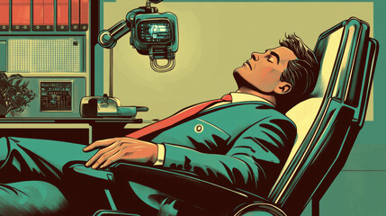 Wall Mural - a tired manager takes a nap in his office while a futuristic robotic chair does his work. the image 