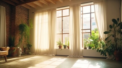 Wall Mural - Sunlight Streaming Through Large Windows in a Modern Loft