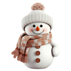 Cheerful snowman wearing a scarf and hat with a smiling face, isolated on white background.