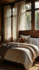 Poster - Cozy bedroom interior with wooden walls and natural light filtering through sheer curtains.