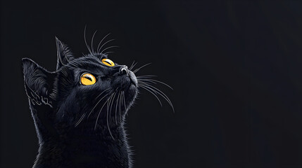 black cat gazes upward in dark setting, its glowing yellow eyes creating striking contrast against shadows. scene evokes sense of mystery and intrigue