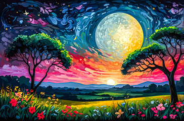 Wall Mural - savannah night with blooming wildflowers an oil painting of a vast, colorful savannah under a deep b