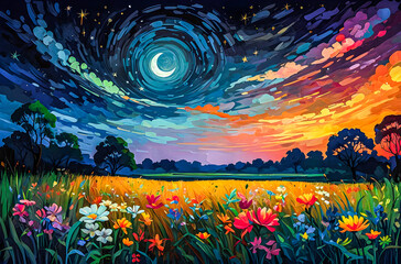 Wall Mural - savannah night with blooming wildflowers an oil painting of a vast, colorful savannah under a deep b