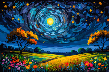 Wall Mural - savannah night with blooming wildflowers an oil painting of a vast, colorful savannah under a deep b