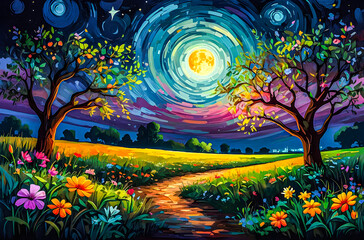 Wall Mural - savannah night with blooming wildflowers an oil painting of a vast, colorful savannah under a deep b
